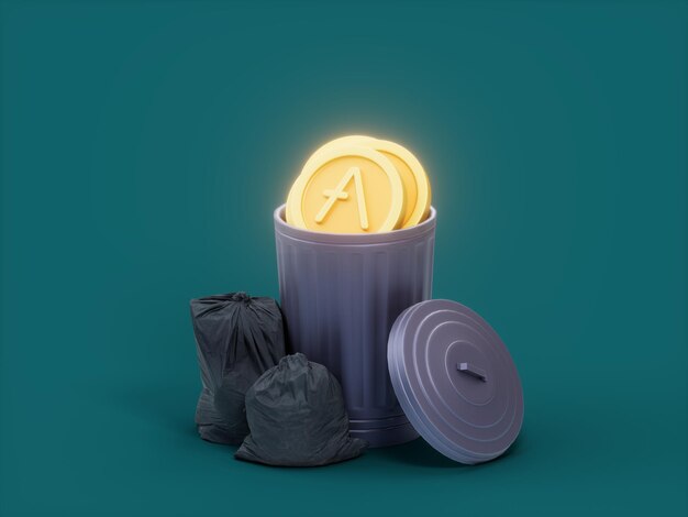 Aave, basura, basura, basura, volcado, colapso, cripto, moneda, 3d, ilustración, render