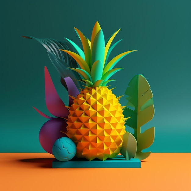 Abacaxi com objetos geométricos no conceito de verão na paleta de cores de tendência para publicidade com Generative AI