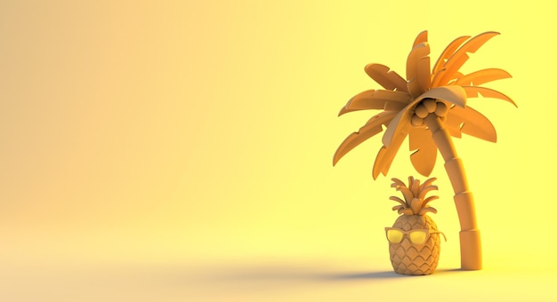 Abacaxi com óculos de sol sob palmeira tropical Conceito de verão Copie a ilustração 3D do espaço