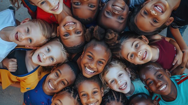 Abaixo, crianças felizes abraçando-se e sorrindo para a câmera