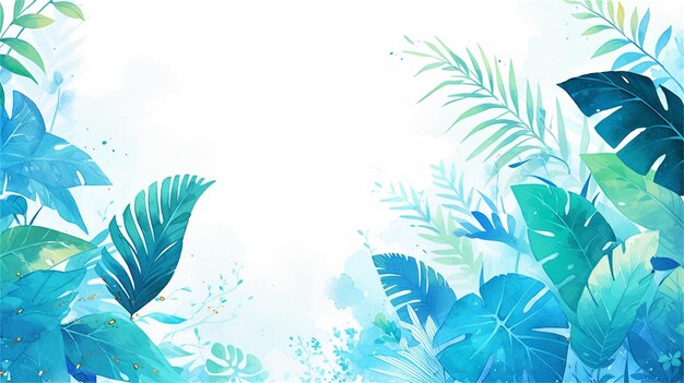 Foto abaixo de aquarela azul abstrato com folhas de palmeira tropical ilustração vetorial