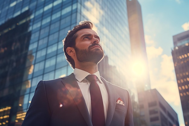 Foto desde abajo confiado director ejecutivo adulto con gafas de sol y ropa formal con teléfono inteligente mirando hacia otro lado y tomando decisiones mientras está de pie en la calle contra edificios de gran altura contemporáneos en la ciudad en un día soleado