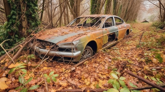 Se abandona un coche oxidado en el bosque.