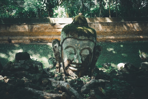 Foto abandonar escultura de buda quebrada no templo