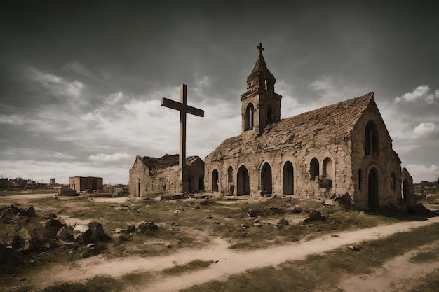 Abandonar la santa iglesia rota durante la guerra mundial arte generativo de AI