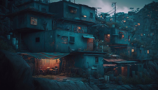 Abandoned Shanty Town pós-apocalíptica cidade humor negro horror urbano decoração de fantasia Generative ai