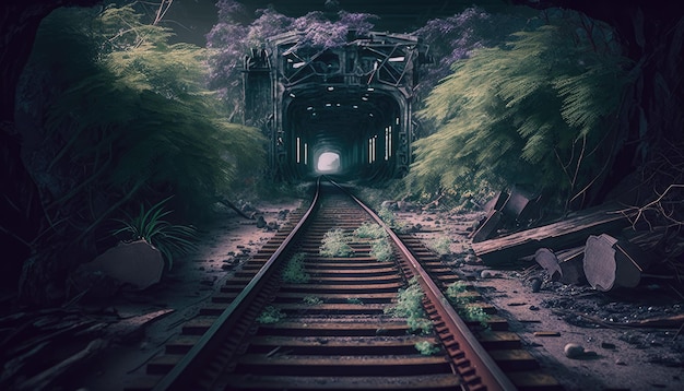 Abandoned Train Lines postapokalyptische Stadt dunkle Stimmung Urban Horror Fantasy Dekor Generative ai