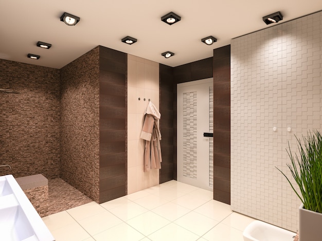 Foto abbildung 3d des badezimmers in den braunen tönen