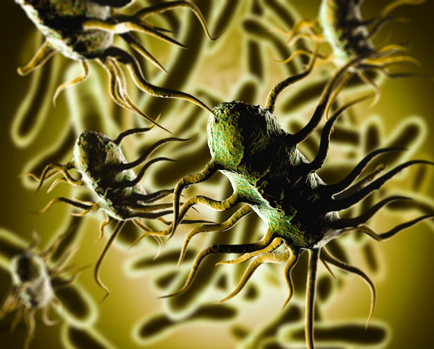 Abbildung 3D des Bakteriums Listeria monocytogenes, grampositives Bakterium mit Flagellen, das Listeriose verursacht