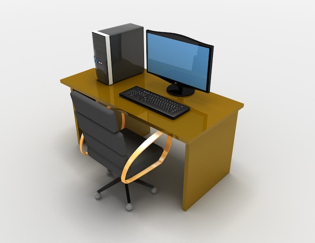 Foto abbildung 3d des computers mit tabelle. 3d gerenderte illustrationbn