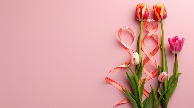 Abbildung 8 aus Band und Tulpenblumen für die Feier des Internationalen Frauentags auf rosa Hintergrund mit Platz für Text