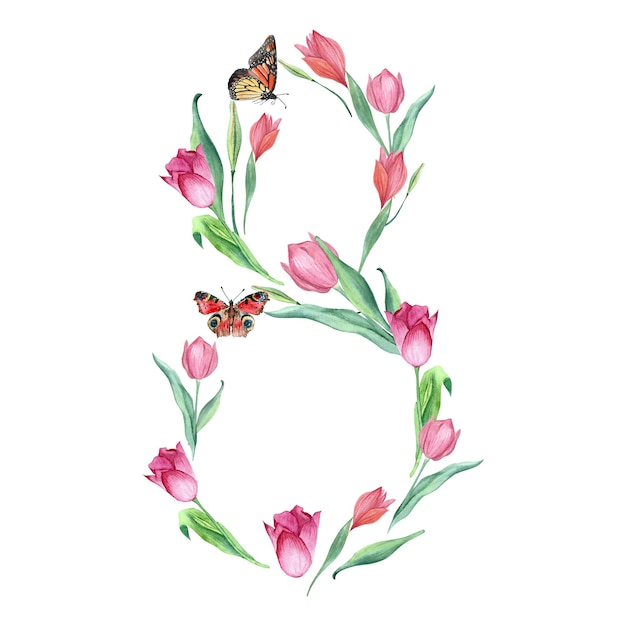 Abbildung Acht von Tulpen mit einem in Aquarell gemalten Schmetterling