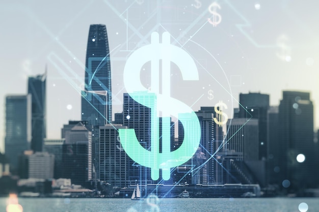 Abbildung der virtuellen USD-Symbole auf dem Hintergrund der Skyline von San Francisco Handels- und Währungskonzept Mehrfachbelichtung
