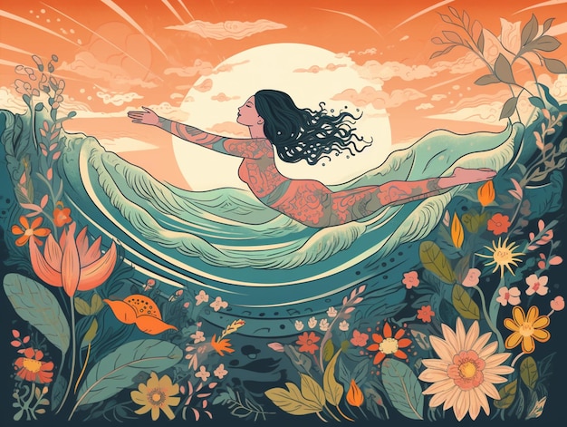 Abbildung einer Frau, die im Ozean schwimmt, mit einem blumigen Hintergrund generativ ai