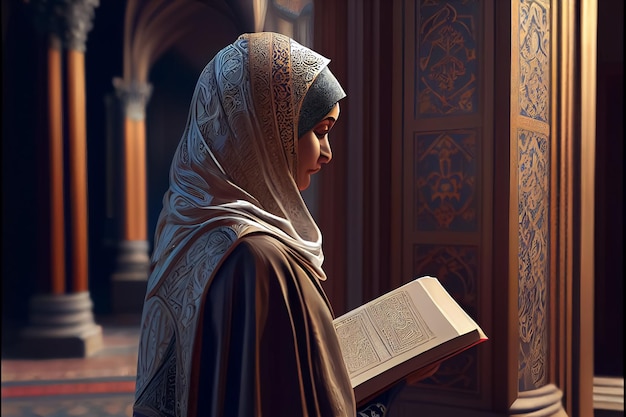 Abbildung einer Frau im Hijab, die in der Moschee betet