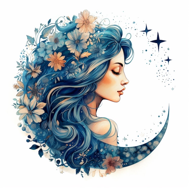 Abbildung einer Frau mit blauen Haaren und Blumen im Haar generativ ai