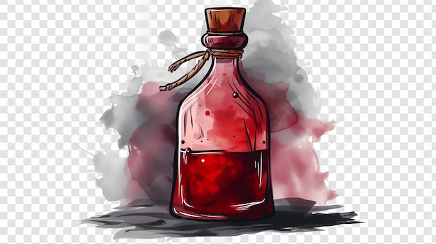 Abbildung einer Glasflasche mit einer roten Flüssigkeit auf durchsichtigem Hintergrund
