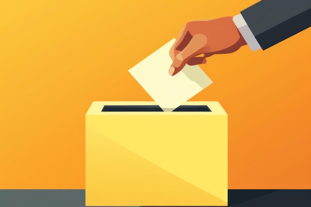 Abbildung einer Hand, die einen Stimmzettel in eine gelbe Schachtel auf einem kontrastierenden orangefarbenen Hintergrund wirft