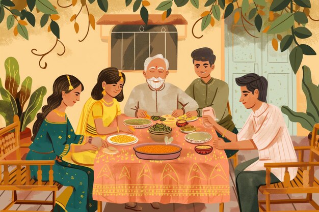 Abbildung einer indischen Familie, die sich um einen herkömmlichen Tisch in einer warmen, heimischen Umgebung versammelt, um eine traditionelle Mahlzeit zu genießen