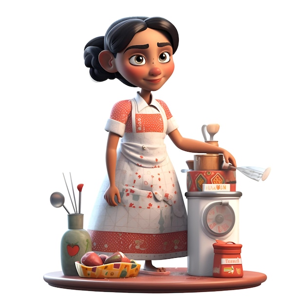 Abbildung einer jungen Frau mit Schürze und Küchenutensilien
