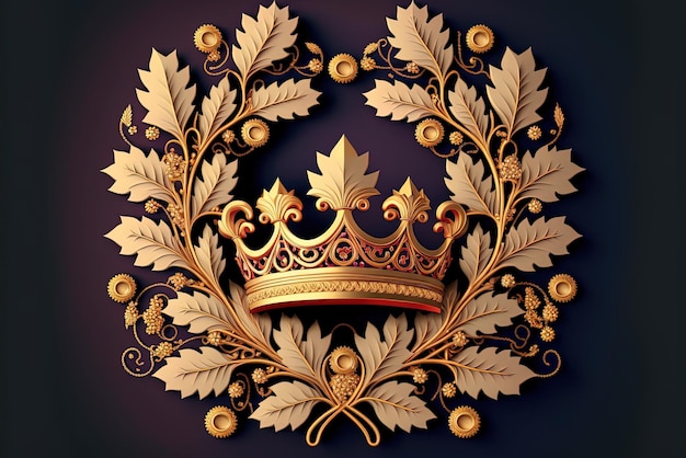 Foto abbildung einer königlichen krone auf einem flachen hintergrund mit einem rand aus goldenen lorbeerkränzen