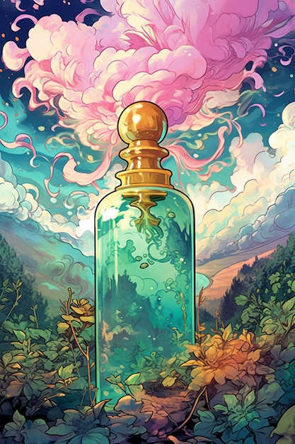 Abbildung einer Parfümflasche mit einer rosa Wolke im Hintergrund