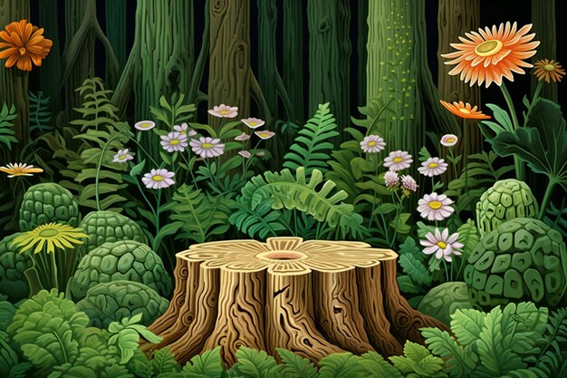 Abbildung eines Baumstumpfs im Wald mit Blumen und Pflanzen