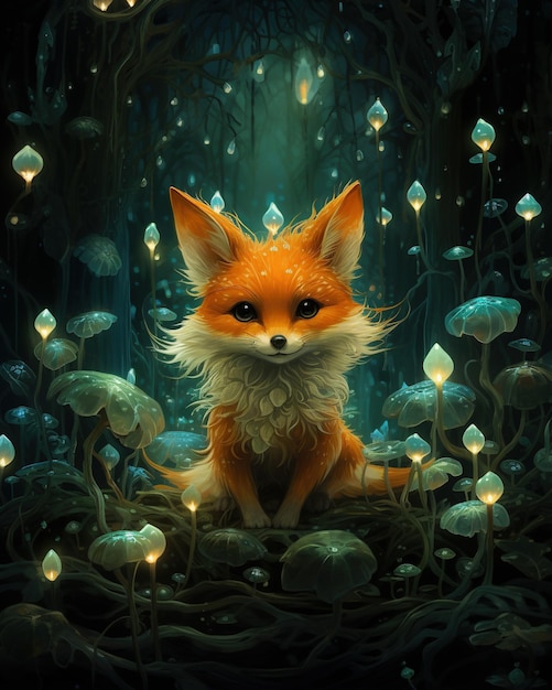 Abbildung eines Fuchses, der in einem dunklen Wald von leuchtenden Pilzen umgeben ist