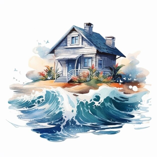 Abbildung eines Hauses auf einer kleinen Insel mit einer vor ihm kommenden Welle generative ai