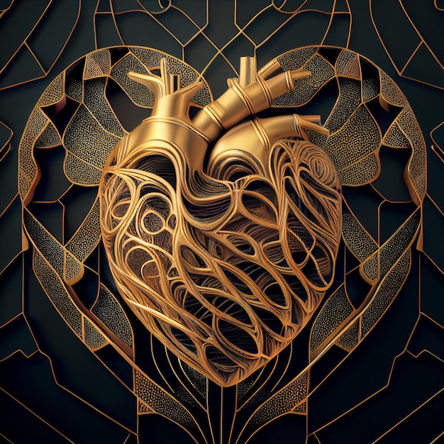 Abbildung eines Herzens mit in Gold verschlungenen Mustern auf dem Hintergrund Generative KI