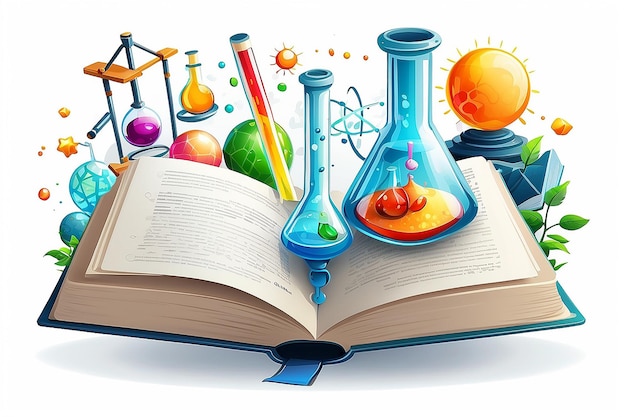 Abbildung eines offenen Buches mit wissenschaftlichen Elementen auf weißem Hintergrund