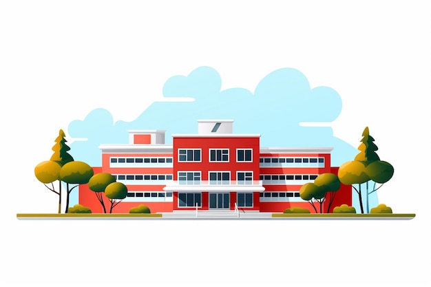 Abbildung eines roten Schulgebäudes mit Bäumen und Sträuchern.
