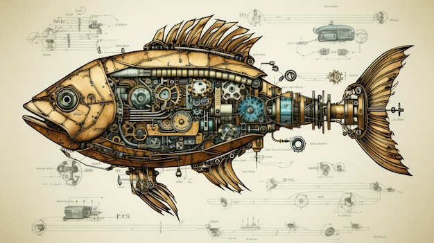 Abbildung: Fisch-Steampunk-Altpapier-Poster-Look
