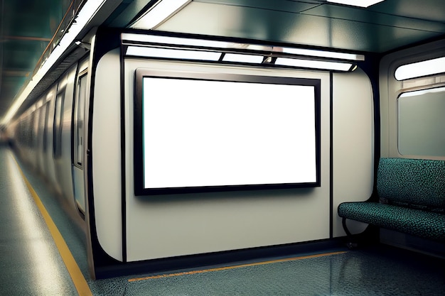 Abbildung Innenraum einer modernen U-Bahn mit weißer Informationstafel Generative KI