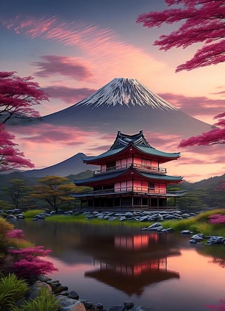 Abbildung schöne Landschaft typisch japanisch mit dem Berg Fuji im Hintergrund erstellt mit ai