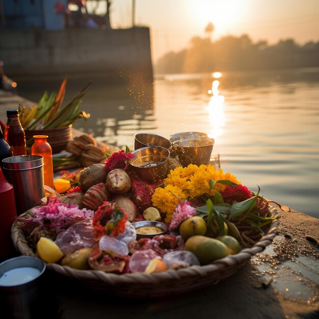 Abbildung von Opfergaben an Gott während des Chhath Puja Festivals