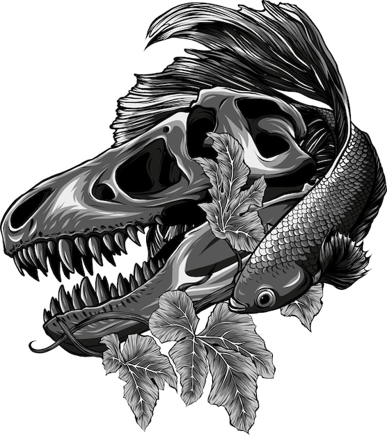 Foto abbildung von trex skull mit betta-fisch
