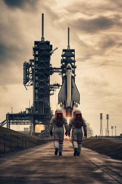 Abbildung von zwei Astronauten, die in Richtung der Startplattform von