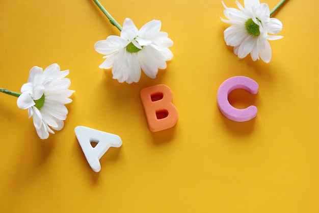 ABC - Die ersten Buchstaben des englischen Alphabets und drei weiße Chrysanthemen