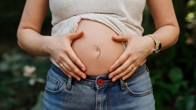 Foto el abdomen de las madres después de la cesárea, la cicatriz, la costura, la diversidad corporal positiva, la maternidad real.