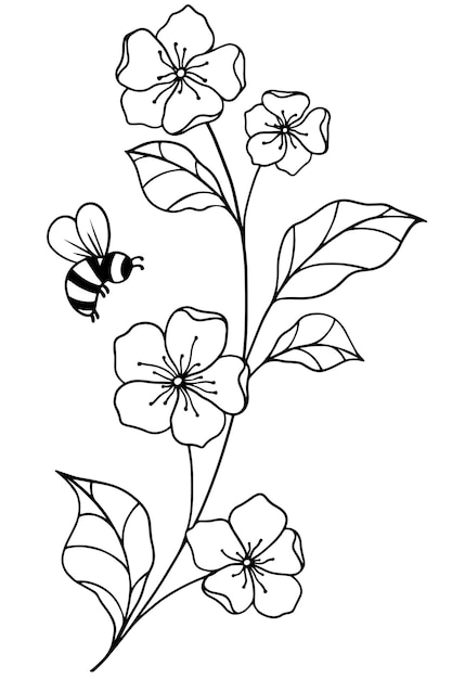 La abeja se acerca al vector blanco y negro de las flores de la ramita