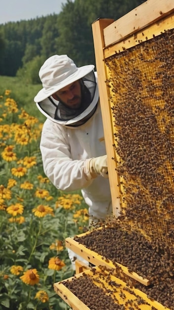 Foto la abeja alada vuela lentamente hacia el apicultor para recolectar néctar en el apiario privado de las flores vivas del apiario