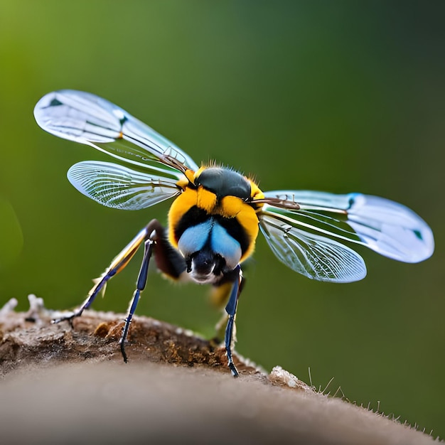 Una abeja con alas azules está sobre un trozo de madera.