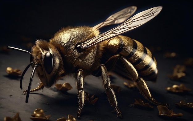 Una abeja con alas doradas y fondo negro.