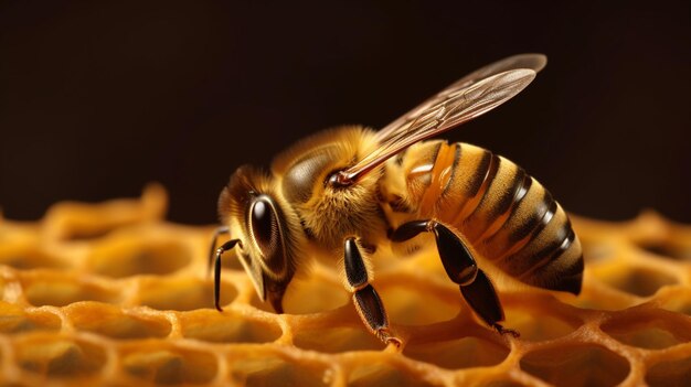 Abeja amante de la miel en la superficie del peine con espacio de copia