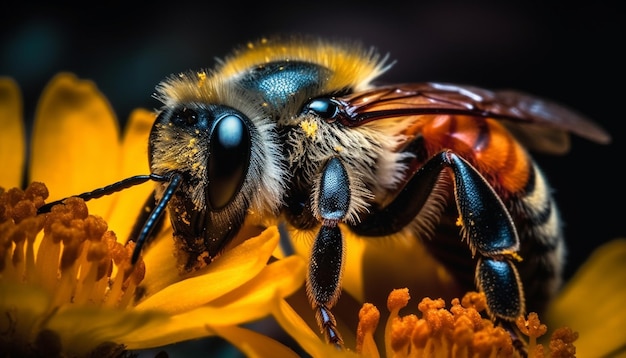 Abeja amarilla poliniza una pequeña flor en la naturaleza generada por IA