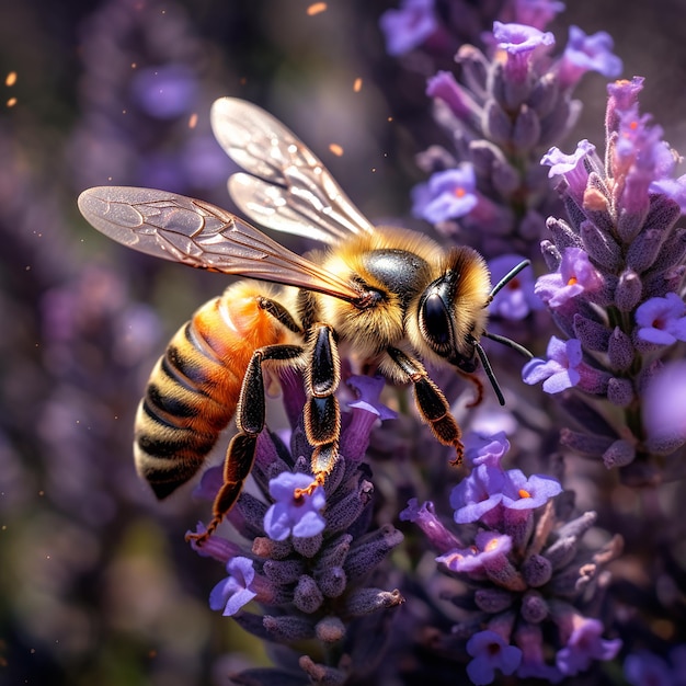 Abeja Armonía de Lavanda en una Hermosa Planta de Lavanda Púrpura