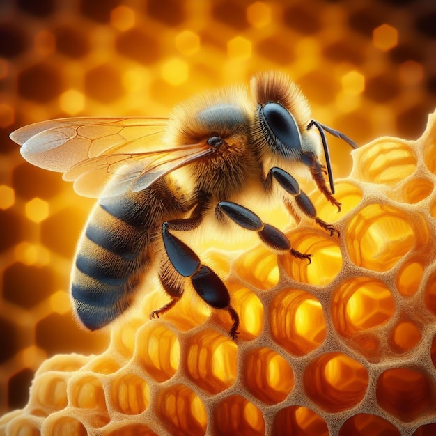 Abeja asentada en un panal de miel generada por la IA