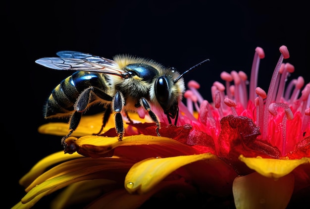 una abeja azul y amarilla está sobre una flor de rábano al estilo de colores vibrantes del espectro