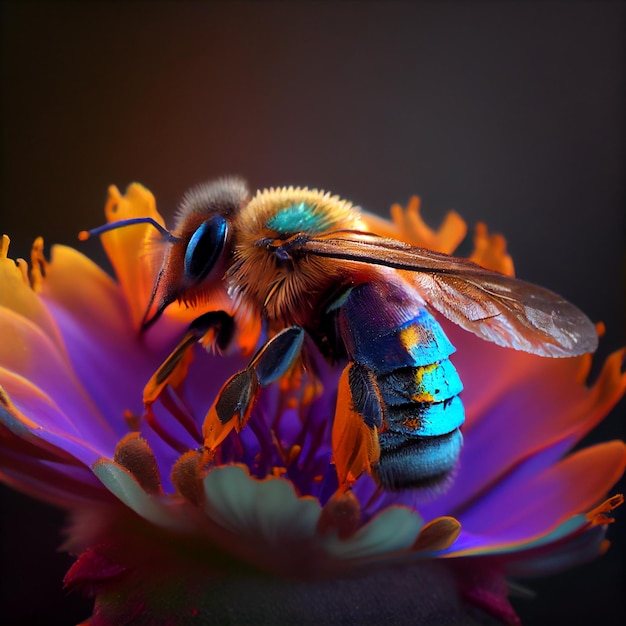 Una abeja azul está sobre una flor con un fondo morado.